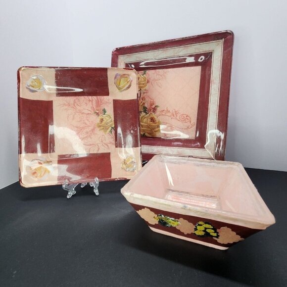 Handmade Unique Mod Podge Glass Plates and Bowl Set Maroon & Roses Design - Picture 1 of 6